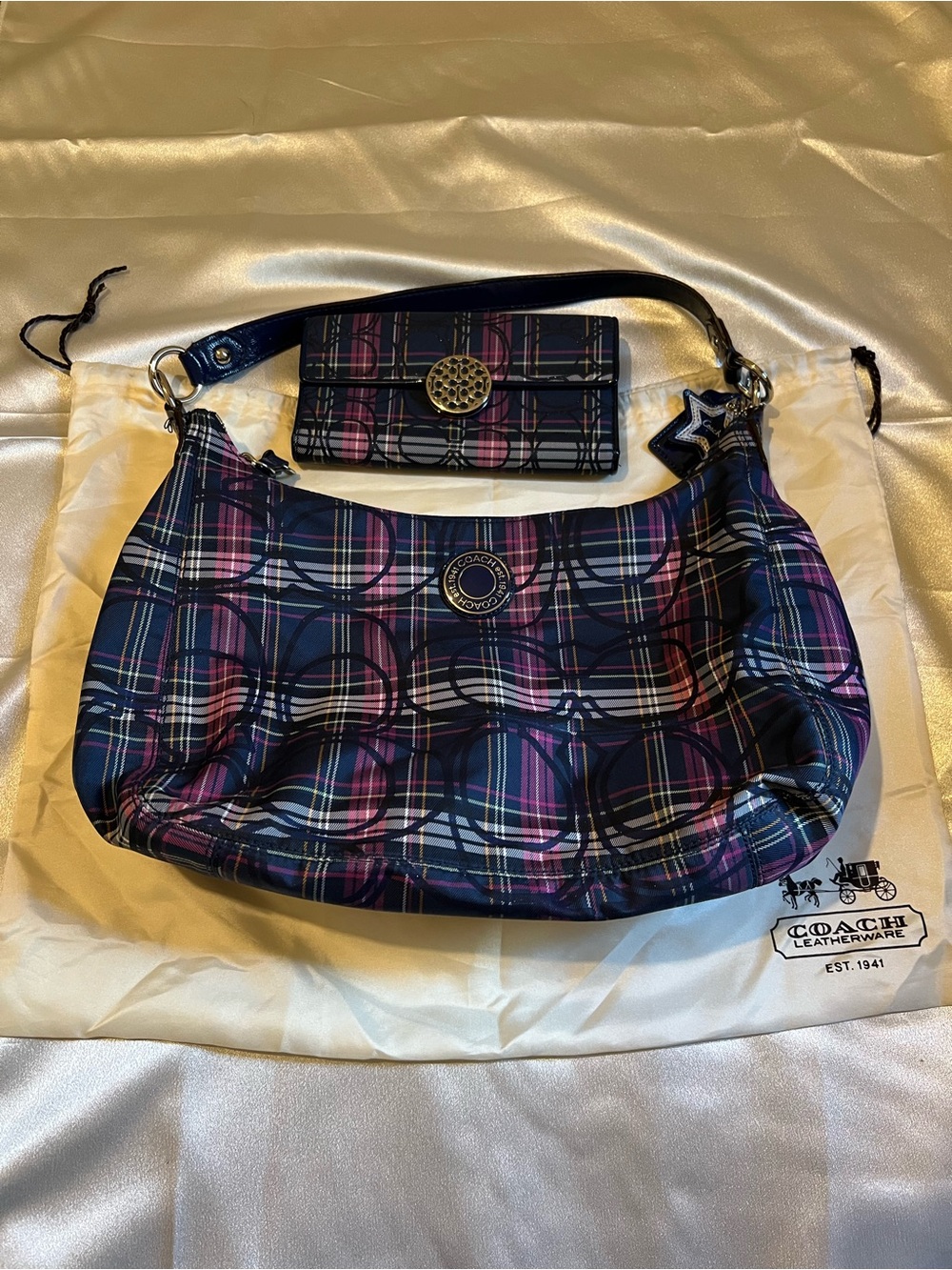 Coach Navy & Pink Plaid Shoulder Bag with Matching Wallet